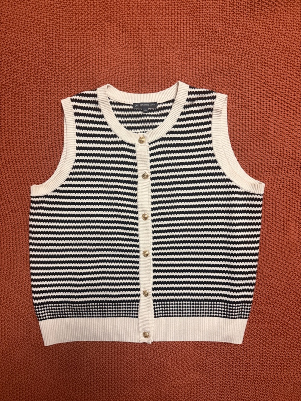 Striped Knit Button-Front Vest in Black and Cream